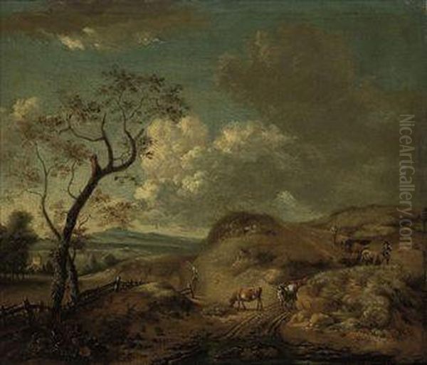 An Extensive Landscape With 
Cattle And Drovers On A Sandy Track, Atower And A Mountain Range Beyond Oil Painting by Jan Wijnants