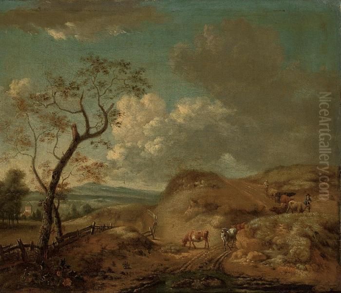 An Extensive Landscape With 
Cattle And Drovers On A Sandy Track, A Tower And A Mountain Range Beyond Oil Painting by Jan Wijnants