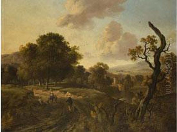 Landschaft Mit Eichenwald,
 Burg Und Figurenstaffage Oil Painting by Jan Wijnants