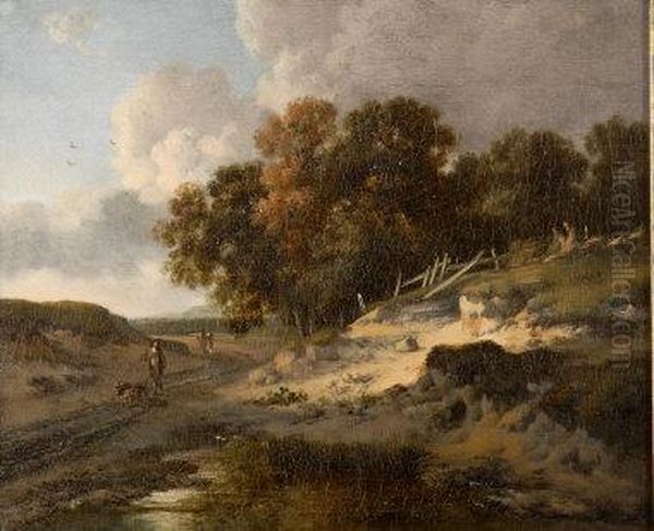 A Rural Landscape With A Man 
Walking Twodogs To The Foreground And Two Other Figures On A Country 
Road Oil Painting by Jan Wijnants