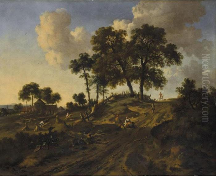 Dune Landscape With Men Making 
Hay And Sportsmen And Peasants On A Sandy Road 
In The Foreground Oil Painting by Jan Wijnants