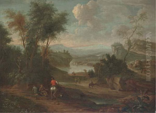 A Wooded River Landscape With A 
Figure On Horseback Conversing With Two Travellers Resting On A Track Oil Painting by Jan Wijnants
