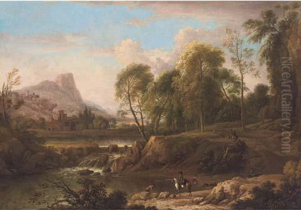 An Extensive Mountain Landscape 
With Horsemen On A Track Andbathers In A River, A Town Beyond Oil Painting by Jan Wijnants