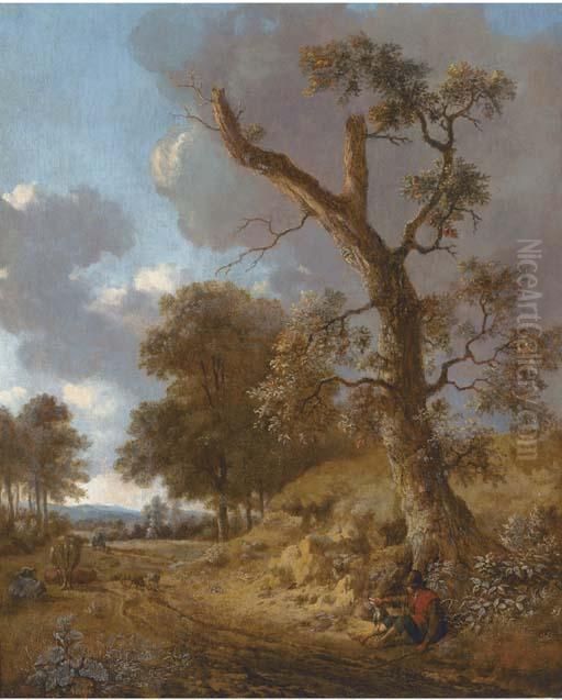 An Extensive Wooded Landscape 
With A Herdsman Resting By A Tree Andhunters On A Path In The Distance Oil Painting by Jan Wijnants