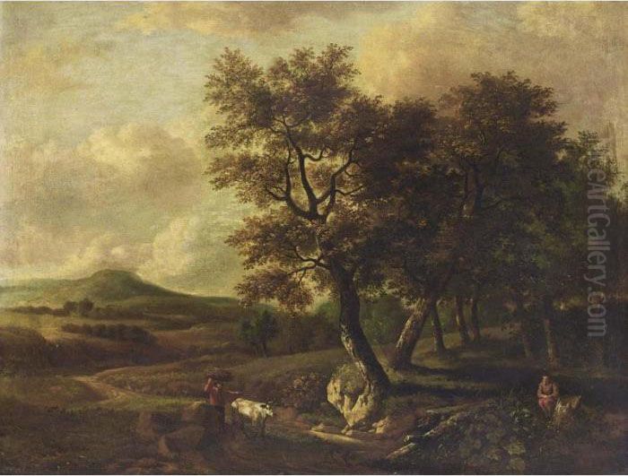 A Wooded Landscape With A Man 
And His Cow Carrying Wood On A Path, Another Man Resting On A Tree Trunk
 In The Lower Foreground Oil Painting by Jan Wijnants