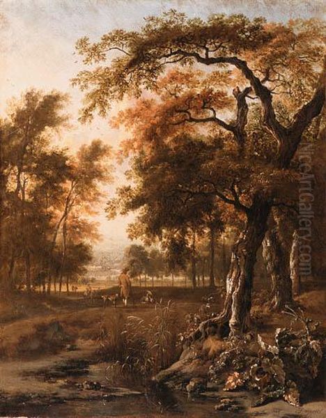 A Wooded Landscape With Huntsmen Resting By A Path
Signed 'j Wynants' Oil Painting by Jan Wijnants