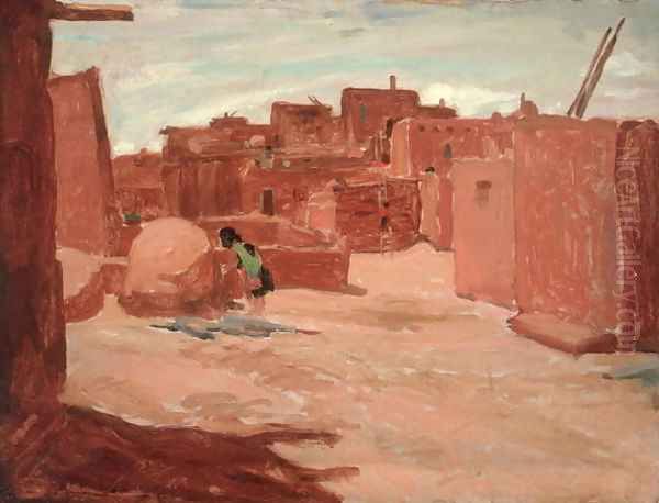 Adobe Village Oil Painting by Walter Ufer