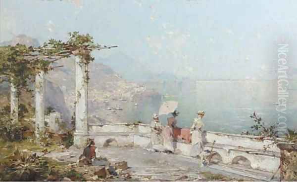 Amalfi, Golfe de Salern elegant ladies overlooking the Gulf of Salerno Oil Painting by Franz Richard Unterberger