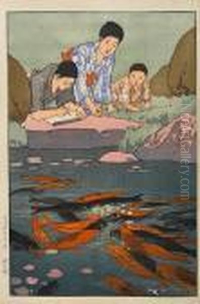 Carp In Pond Oil Painting by Hiroshi Yoshida