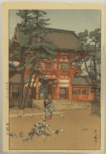 Gion Shrine Gate Oil Painting by Hiroshi Yoshida