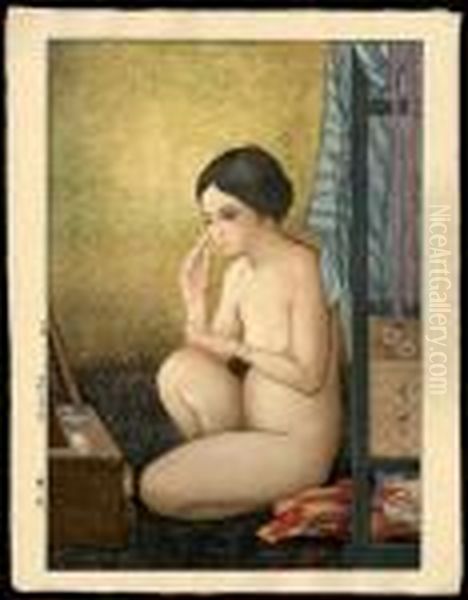 At The Mirror Oil Painting by Hiroshi Yoshida