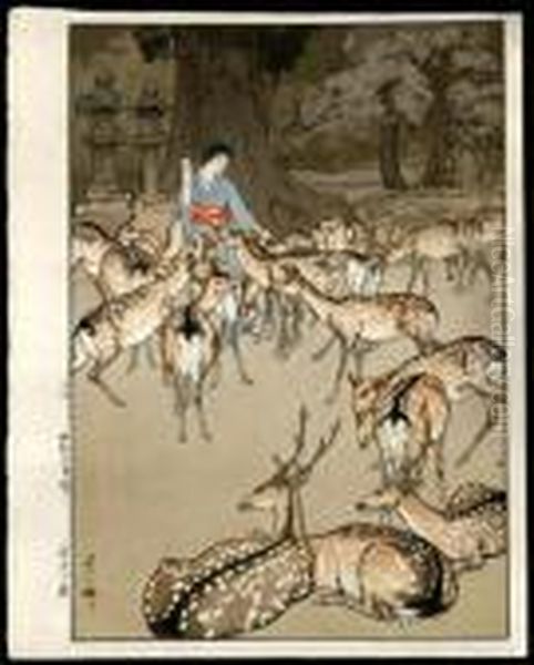 Deer In Kasuga Oil Painting by Hiroshi Yoshida