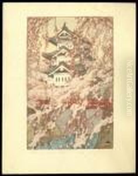 Cherry And Castle Oil Painting by Hiroshi Yoshida
