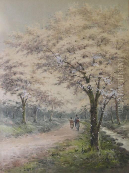 Figures And Cherry Blossom Oil Painting by Hiroshi Yoshida