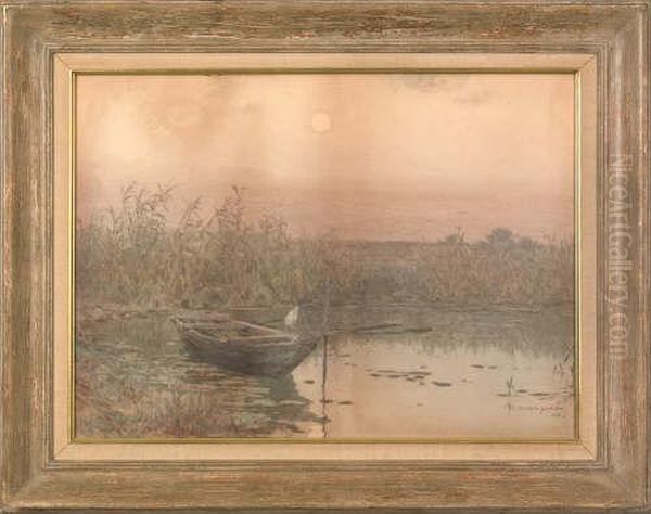 Landscape With A Crane Perched On A Boat Oil Painting by Hiroshi Yoshida