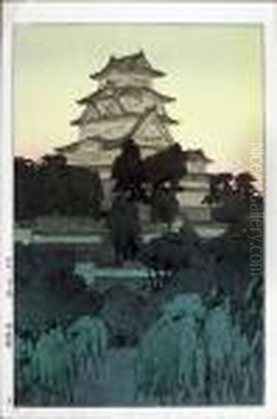Himeji Castle In The Evening Oil Painting by Hiroshi Yoshida