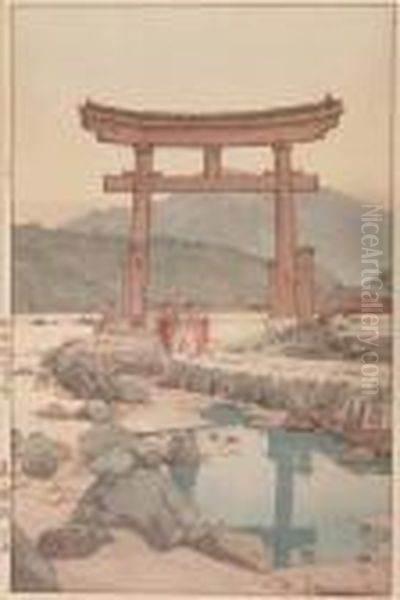 Benten Shrine In Nezumigaseki, 
Color Woodcut, 1939, Pencil Signed In Roman Script Hiroshi Yoshida , 
Jizuri Seal. - Oban: 41 X 27 Cm Oil Painting by Hiroshi Yoshida