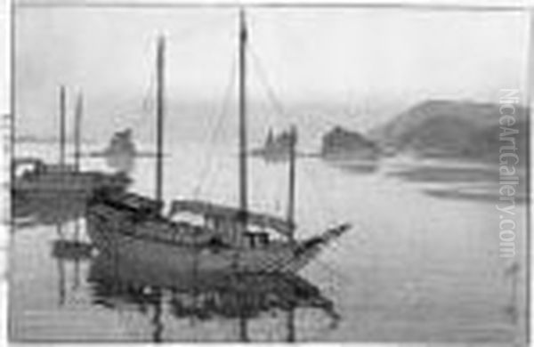 Grand Oban Yoko-e (40 X 27,4 Cm), Mitsu Koshima, Les Trois Petites
 Iles, Planche Seto-u-chikai, La Mer A Seto-uchi, Deux Bateaux A
 L'ancre, La Nuit Au Premier Croissant De Lune. Oil Painting by Hiroshi Yoshida