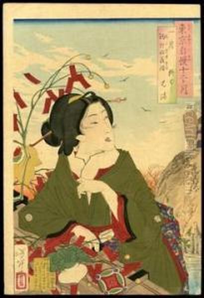 Hama Of Yanagibashi Returning On Boat From Myogi Shrine On First Hare Day Oil Painting by Tsukioka Yoshitoshi