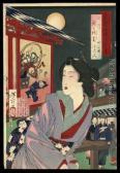 Otomi Of Nakanocho Under A Full Moon In Yoshiwara Oil Painting by Tsukioka Yoshitoshi
