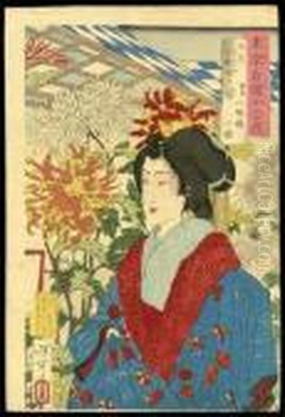 Kozakura By Chrysanthemums At Sendagi Oil Painting by Tsukioka Yoshitoshi