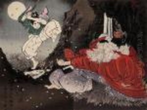 Ushiwakamaru Being Taught Fencing Oil Painting by Tsukioka Yoshitoshi