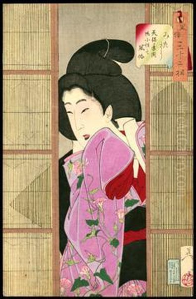 Inquisitive: The Appearance Of A Maid Of Thetempo Era Oil Painting by Tsukioka Yoshitoshi