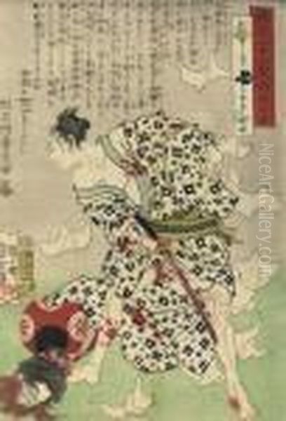 A Print Showing Fukuoka Mitsugi, The Hero In The Play Oil Painting by Tsukioka Yoshitoshi