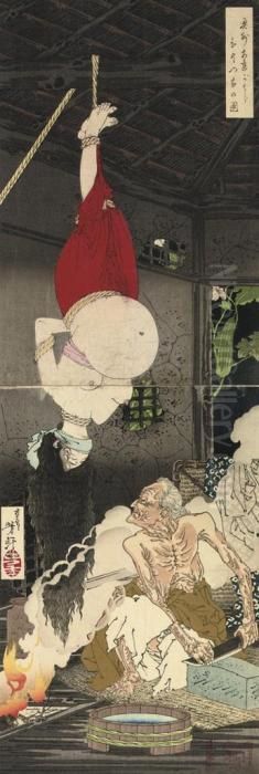 Vertical Oban Diptych, Showing 
The Lonely House On Adachi Moor, Published By Matsui Eikichi In 1885, 
Good Impression, Slightly Creased, Top Sheet Rubbed; And A Vertical 
Diptych, Lu Chi-shen Topples The Temple Gate Guardian In Rage, Good 
Impression Oil Painting by Tsukioka Yoshitoshi