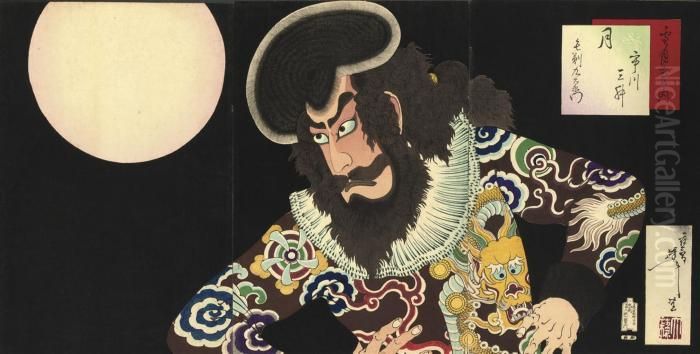 A Triptych From The Series 
'snow, Moon And Flowers', Showing Ichikawa Danjuro Ix As The Nagasaki 
Pirate Kezori Kuemon, Published By Akiyama Buemon In 1890, Very Good 
Impression, Colour And Good Condition, Left Sheet Slightly Soiled, 
Margins Trimme Oil Painting by Tsukioka Yoshitoshi