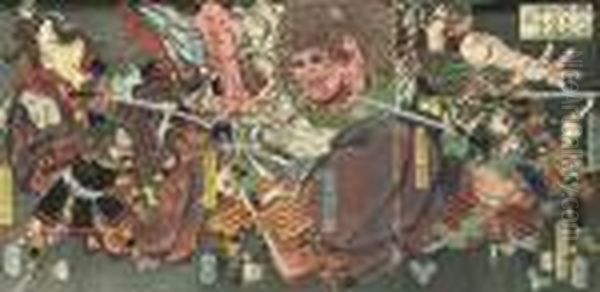 A Triptych Showing Raiko And His
 Four Heavenly Generals Vanquish The Ogres Off Oeyama, Circa 1865; And 
Two Other Triptychs By Yoshitoshi, In Good General Condition (3) Oil Painting by Tsukioka Yoshitoshi