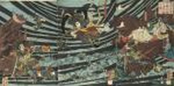 His First Print, A Triptych 
Showing The Heike Clan Sinking Into The Sea, Published By Maruya 
Yinpachi, In 1853, Very Rare, Good Impression, Colour And Condition, 
Slightly Stained Towards The Top; And Two Other Triptychs By Yoshitoshi,
 In Fair Gene Oil Painting by Tsukioka Yoshitoshi