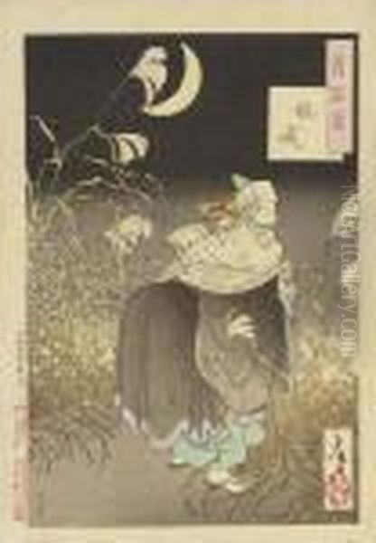 A Print With A Fox Dressed Oil Painting by Tsukioka Yoshitoshi