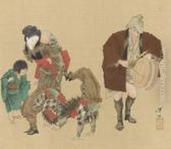 Kakubei Lion Dance Oil Painting by Tsukioka Yoshitoshi