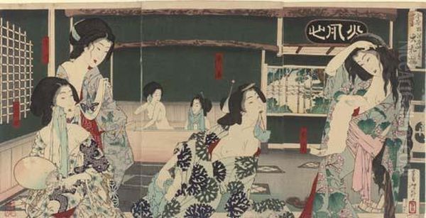Zensei Shiki Natsu Nezu Hanayashiki Daishoro (summer: Women Bathing At The Daishoro) Oil Painting by Tsukioka Yoshitoshi