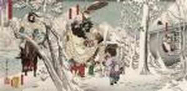 Gentoku Visiting Komei In The Snow Oil Painting by Tsukioka Yoshitoshi