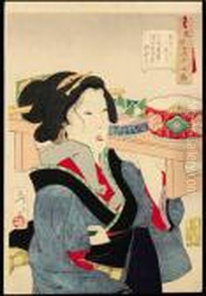 Omotaso (heavy) And Kawairashiso (cute) Oil Painting by Tsukioka Yoshitoshi