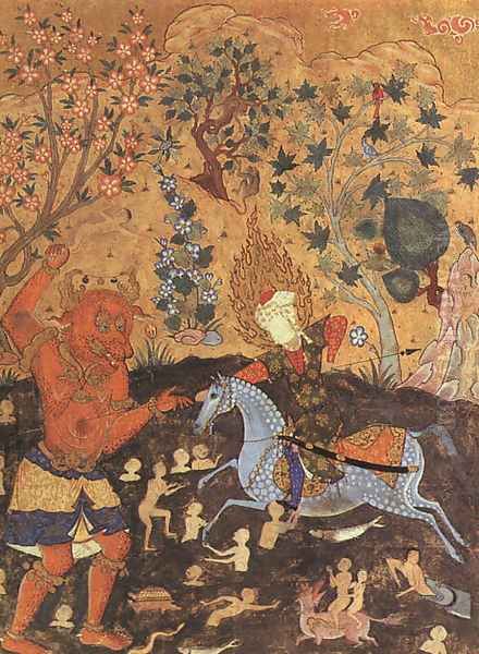 Rider Fighting a Daeva (page from Falnama -The Book of Omens) 1550 Oil Painting by Iranian Unknown Masters