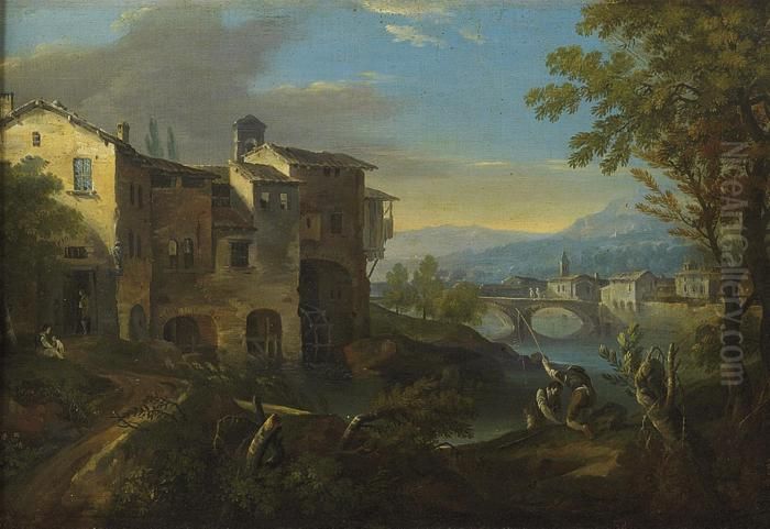 A Wooded River Landscape With Anglers By A Mill Oil Painting by Giuseppe Zais