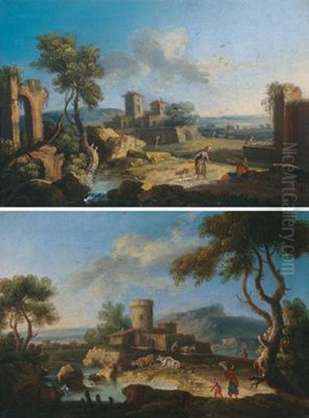 Paesaggio Fluviale Montano Con 
Una Torre Rotonda E Figure; Paesaggio Fluviale Con Rovine E Figure Oil Painting by Giuseppe Zais