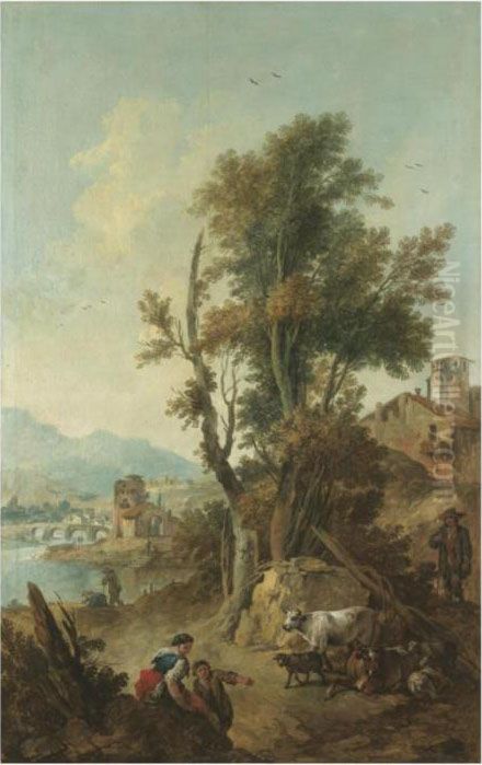 An Italianate River Landscape With Figures Resting In Theforeground Oil Painting by Giuseppe Zais