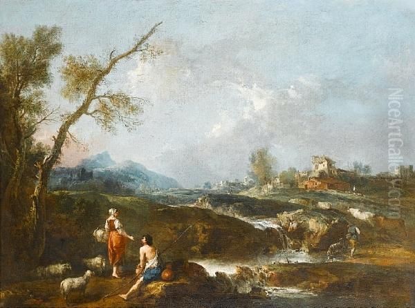 A River Landscape With Pastoral 
Figures And Aflock In The Foreground, An Italian Village In The 
Background Oil Painting by Giuseppe Zais