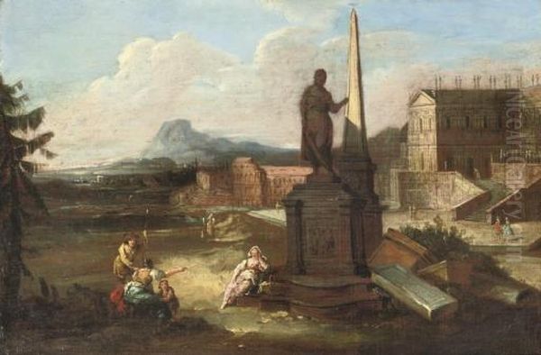 A Capriccio View Of Rome With 
Figures Conversing By A Statue And An Obelisk, The Colloseum And Other 
Ancient Buildings Beyond Oil Painting by Giuseppe Zais