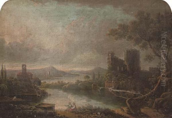 An Italianate Wooded River 
Landscape With Figures In The Foreground, A Ruined Castle Beyond Oil Painting by Giuseppe Zais