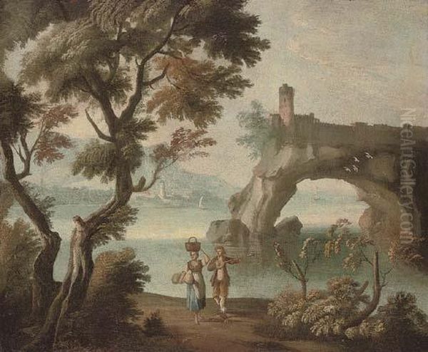 A Mediterranean Coastal Inlet 
With Travellers In The Foreground And A Fortification Beyond; And A 
Mediterranean Coastal Village With A Washer-woman In The Foreground And 
Mountains Beyond Oil Painting by Giuseppe Zais