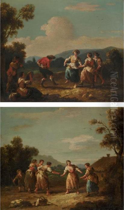 An Italianate Landscape With 
Figures Playing Blindman's Bluff; An Italianate Landscape With Figures 
Dancing Oil Painting by Giuseppe Zais