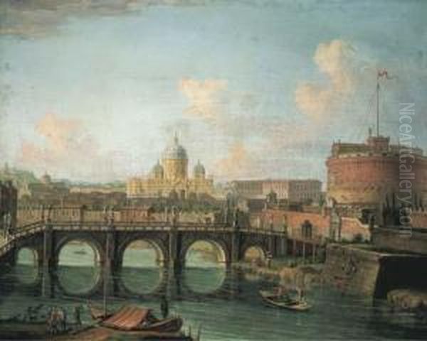 The Tiber, Rome, With The Castel
 Sant' Angelo And Saint Peter's Inthe Background; And The Roman Forum Oil Painting by Giuseppe Zais