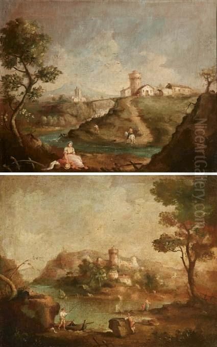 Coppia Di Paesaggi Fluviali Con Figure E Case Oil Painting by Giuseppe Zais