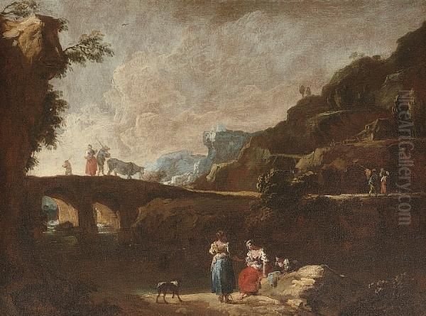 A Rocky River Landscape With 
Figures Resting Beside The Bank, Drovers Crossing A Bridge Beyond; And 
An Extensive Landscape With Peasants By A River Bank Calling To Others 
In A Boat Beyond Oil Painting by Giuseppe Zais