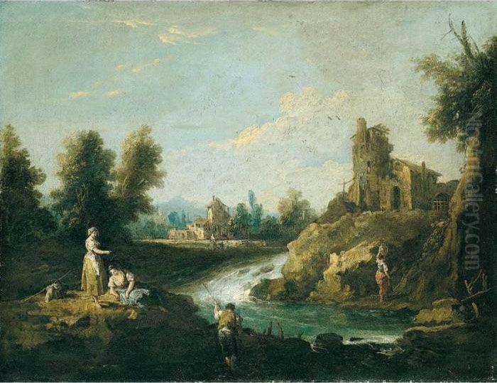 A River Landscape With A 
Fisherman And Women In The Foreground, A Woman Carrying Water Towards A 
House Beyond Oil Painting by Giuseppe Zais